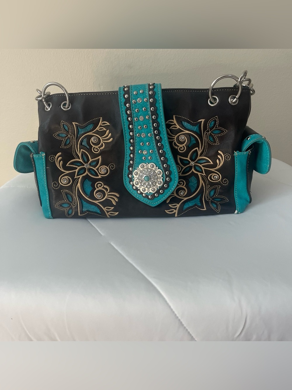 Women's Embellished Western-Style Black and Turquoise Tote